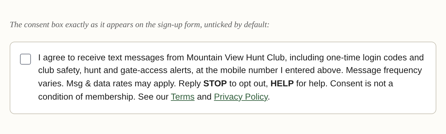 Screenshot of the Mountain View Hunt Club sign-up consent checkbox, unticked by default